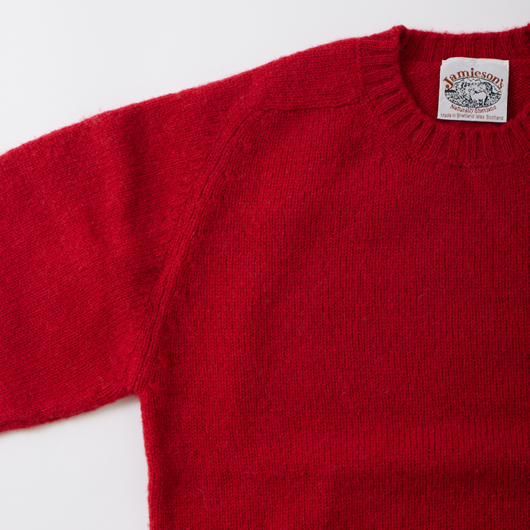JAMIESON'S (ジャミーソンズ) SHETLAND PLAIN SADDLE SHOULDER CREW NECK ELBOW SUEDE PATCH - 525 RED_17 BROWN SUEDE