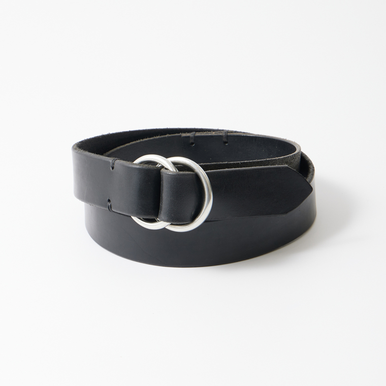 HALCYON BELT COMPANY (ハルシオンベルトカンパニー) 30mm OIL LEATHER DOUBLE PEWTER RING BUCKLE BELT - BLACK