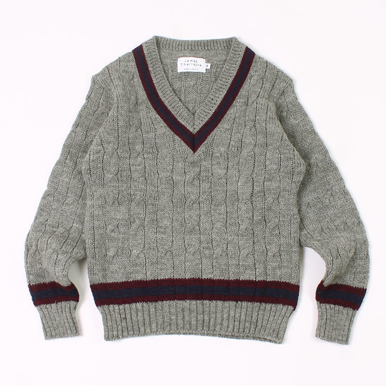 JAMES CHARLOTTE (ジェームス シャルロット)  CRICKET CABLE VEE PULLOVER 100% BRITITSH WOOL SWEATER - STEEL-BURGUNDY_NAVY_BURGUNDY