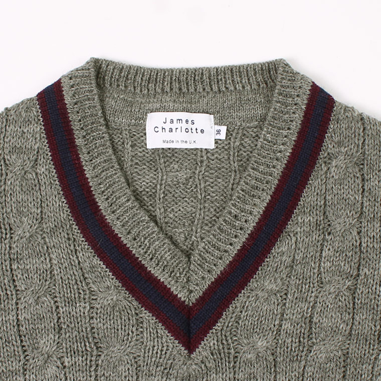 JAMES CHARLOTTE (ジェームス シャルロット)  CRICKET CABLE VEE PULLOVER 100% BRITITSH WOOL SWEATER - STEEL-BURGUNDY_NAVY_BURGUNDY
