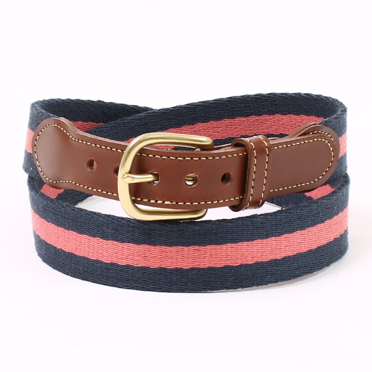 LEATHERMAN BELT (レザーマンベルト) 1.25 STRIPED COTTON SURCINGLE W/YELLOW STITCHED TABS BRASS HARNESS BUCKLE - NAVY_SAIL RED