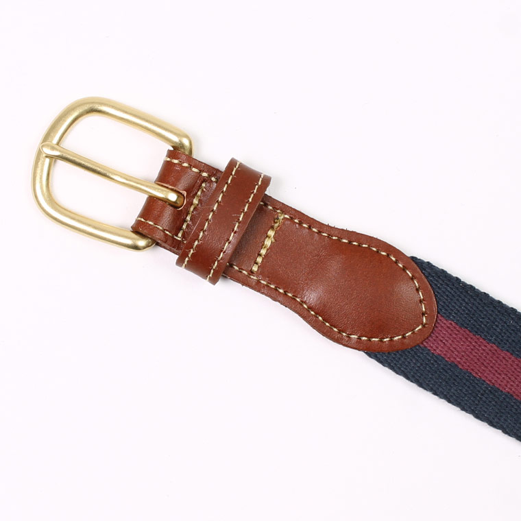 LEATHERMAN BELT (レザーマンベルト)  1.25 STRIPED COTTON SURCINGLE W/YELLOW STITCHED TABS BRASS HARNESS BUCKLE - NAVY_MAROON