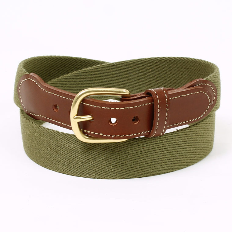 LEATHERMAN BELT (レザーマンベルト)  1.25 SOLID COTTON SURCINGLE W/YELLOW STITCHED TABS BRASS HARNESS BUCKLE - OLIVE