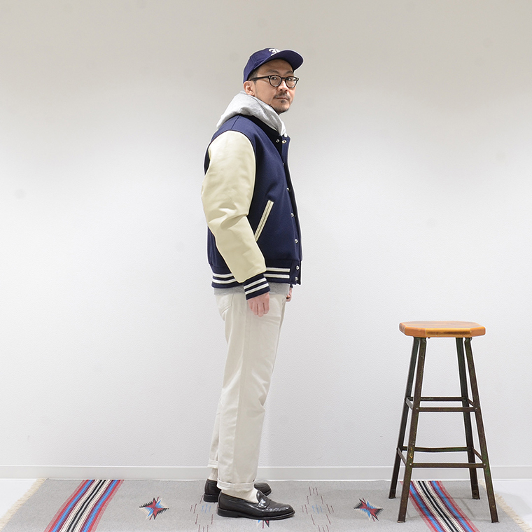 GB SPORTS (ジービースポーツ)  THE ALBANY - CLASSIC FIT SNAP FRONT WOOL LEATHER VARSITY JACKET QUILT LINING - NAVY MELTON_CREAM COW LEATHER