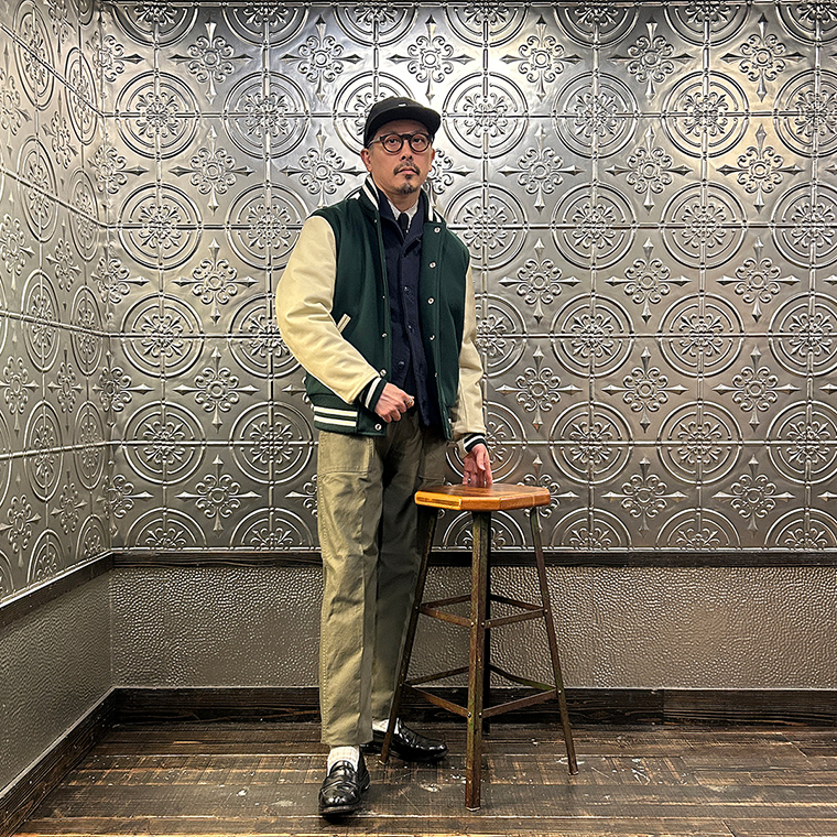 GB SPORTS (ジービースポーツ)  THE ALBANY - CLASSIC FIT SNAP FRONT WOOL LEATHER VARSITY JACKET QUILT LINING - FOREST MELTON_CREAM COW LEATHER 