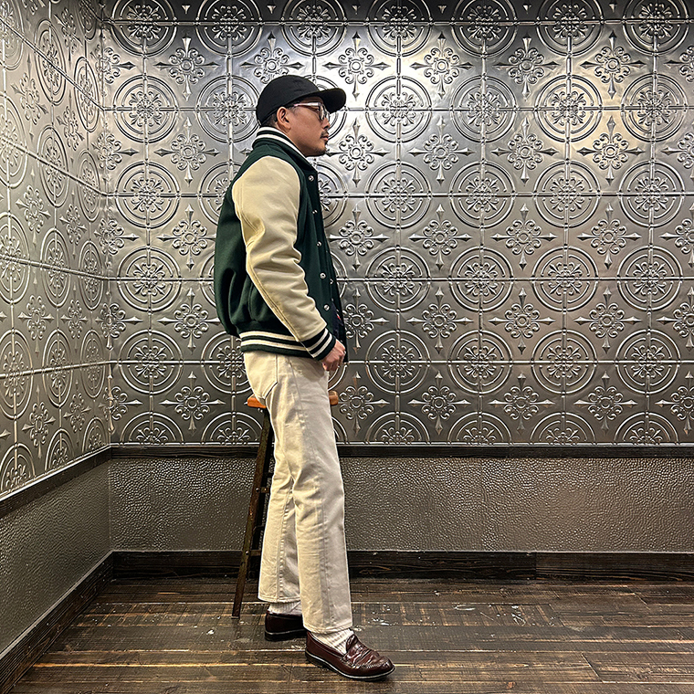 GB SPORTS (ジービースポーツ)  THE ALBANY - CLASSIC FIT SNAP FRONT WOOL LEATHER VARSITY JACKET QUILT LINING - FOREST MELTON_CREAM COW LEATHER 