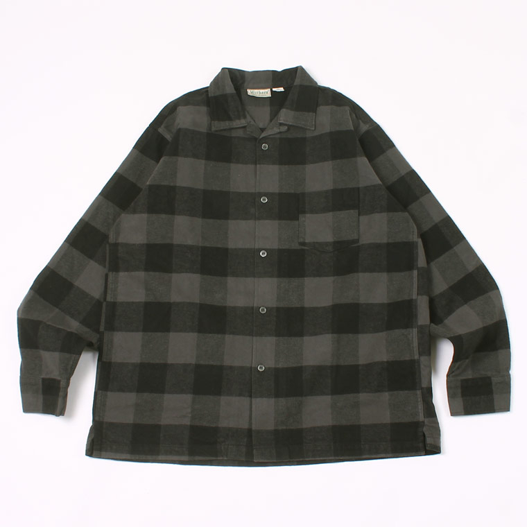 WORKERS (ワーカーズ) FLANNEL OPEN COLLAR SHIRT BUFFALO CHECK - GREY