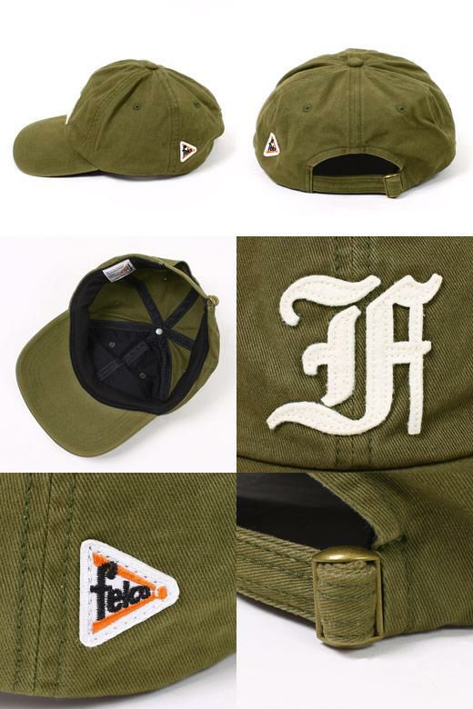 使いやすいオリーブカラーのキャップでFのオールドフォントがワンポイント