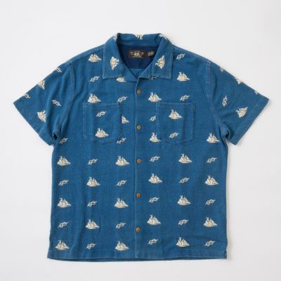 【セール】RRL Ralph Lauren (ダブル アールエル ラルフローレン)  MARSHAL CAMP SHORT SLEEVE CARDIGAN COTTON EMBROIDERED - BLUE